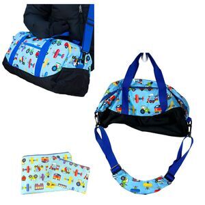 Wildkin Trains, Planes & Trucks Overnighter Duffel Duffle Bag 2 Pouches